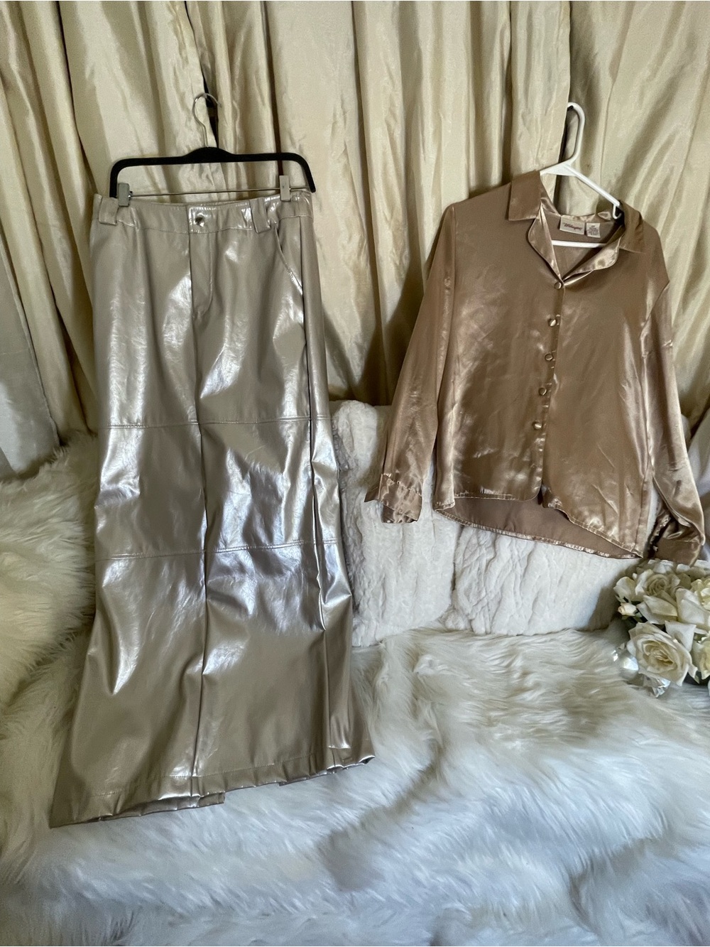 Cream Worthington blouse 12p 
Women's Metallic Shiny Long Taupe Maxi Skirt (M)